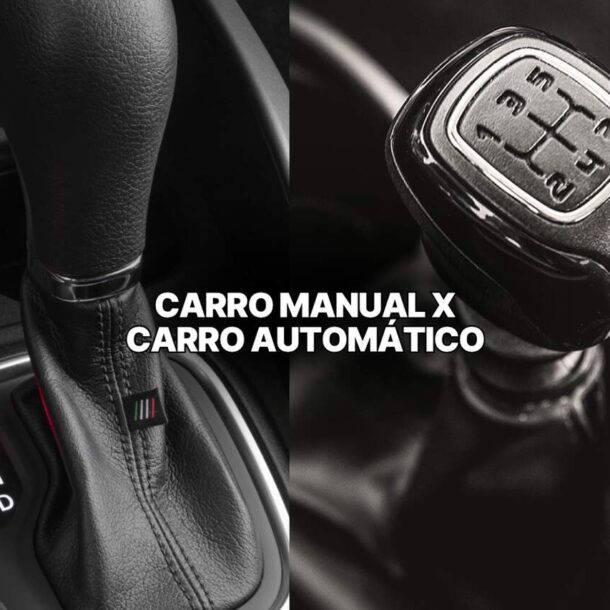 Comparação entre alavancas de câmbio de carro automático e carro manual, destacando à esquerda a alavanca com letras P, R, N e D iluminadas, e à direita a alavanca com esquema de marchas tradicional, enfatizando as diferenças visuais e funcionais entre os dois tipos de transmissão.