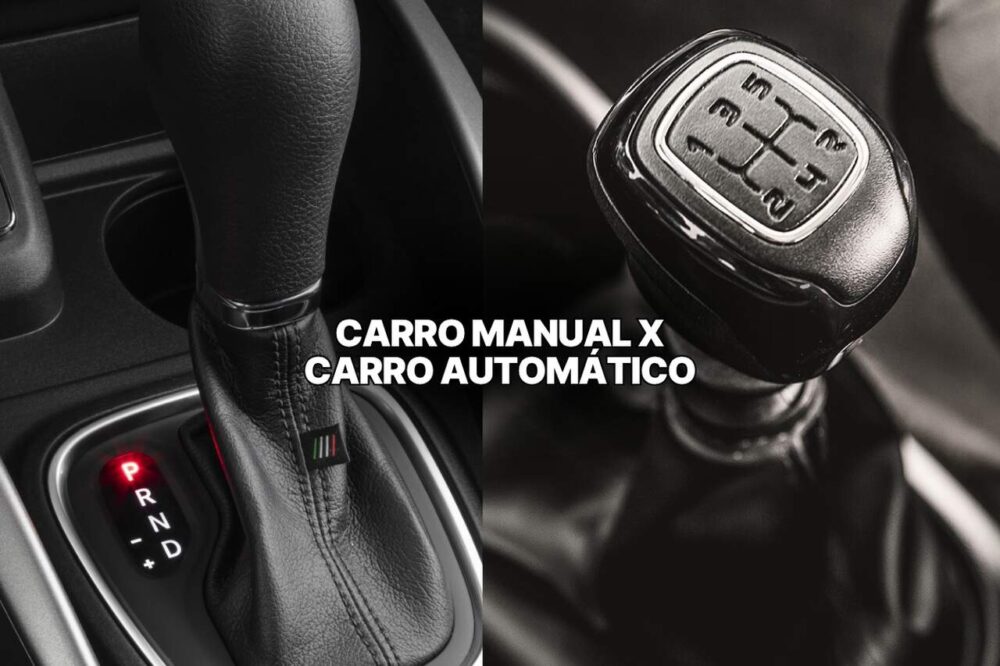 Comparação entre alavancas de câmbio de carro automático e carro manual, destacando à esquerda a alavanca com letras P, R, N e D iluminadas, e à direita a alavanca com esquema de marchas tradicional, enfatizando as diferenças visuais e funcionais entre os dois tipos de transmissão.