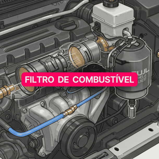 Ilustração técnica de um motor de carro com destaque para o filtro de combustível, evidenciado no centro da imagem por um rótulo em rosa. O componente filtra impurezas do combustível antes que ele chegue ao motor, garantindo melhor desempenho e proteção ao sistema de injeção.