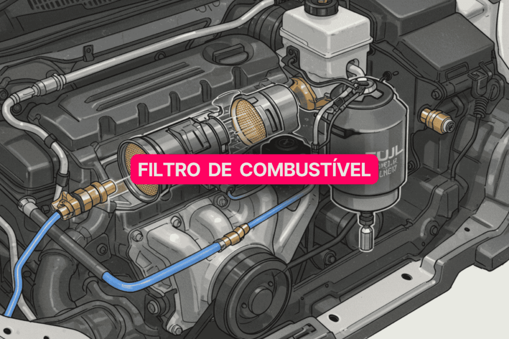 Ilustração técnica de um motor de carro com destaque para o filtro de combustível, evidenciado no centro da imagem por um rótulo em rosa. O componente filtra impurezas do combustível antes que ele chegue ao motor, garantindo melhor desempenho e proteção ao sistema de injeção.