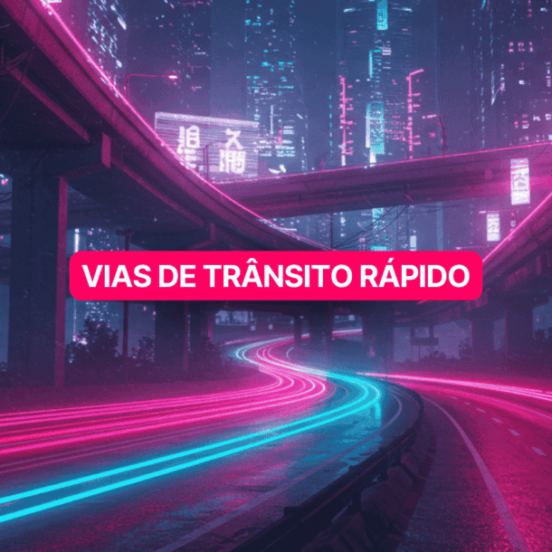 Paisagem futurista com vias de trânsito rápido iluminadas por luzes neon rosa e azul, cercadas por arranha-céus brilhantes e letreiros digitais em uma cidade noturna de estilo cyberpunk.