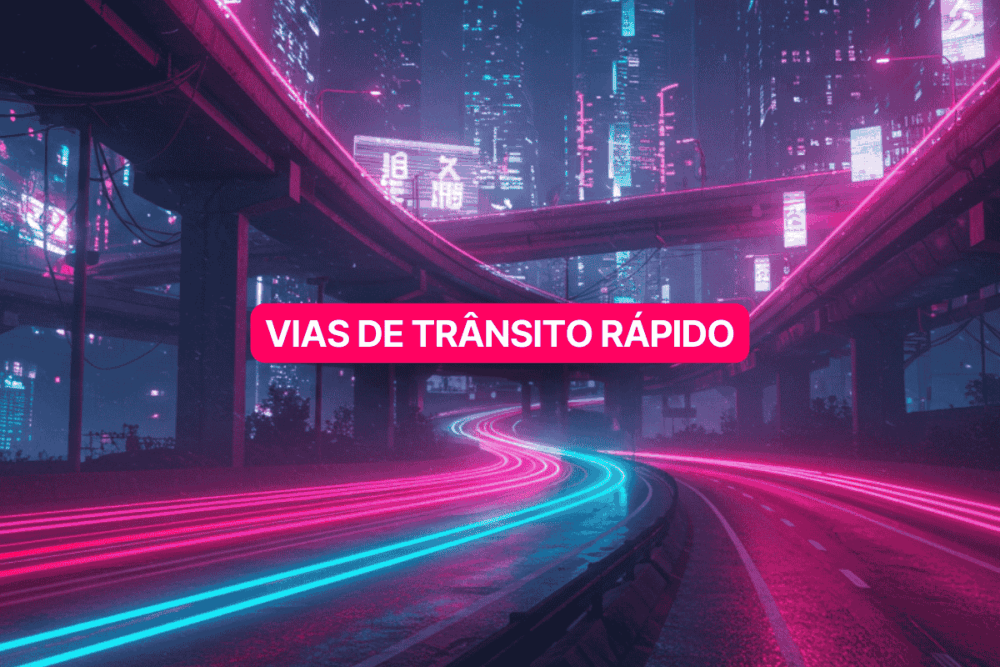 Paisagem futurista com vias de trânsito rápido iluminadas por luzes neon rosa e azul, cercadas por arranha-céus brilhantes e letreiros digitais em uma cidade noturna de estilo cyberpunk.