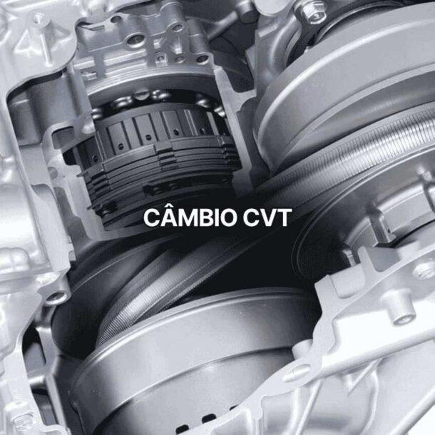 Imagem em close de um câmbio CVT automotivo aberto, destacando polias e correia metálica que compõem o sistema de transmissão contínua.