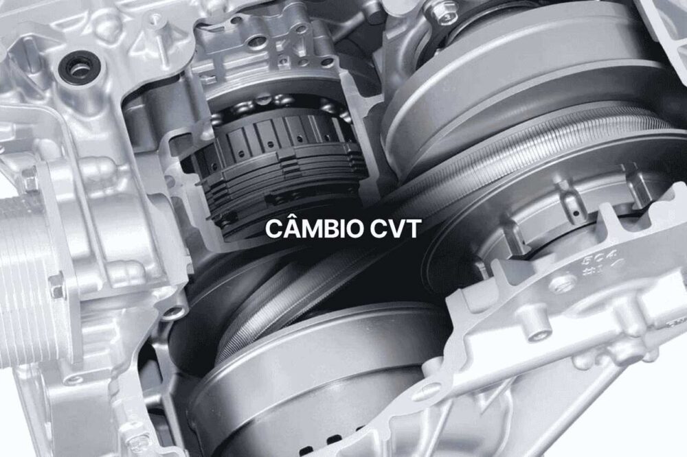 Imagem em close de um câmbio CVT automotivo aberto, destacando polias e correia metálica que compõem o sistema de transmissão contínua.
