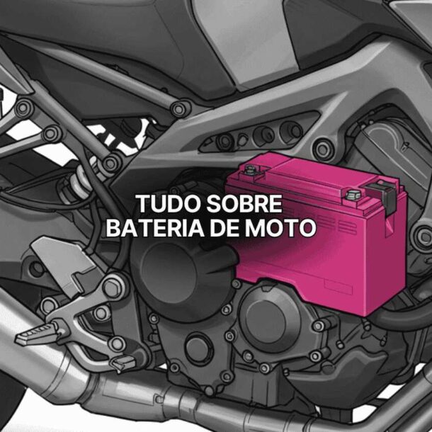 Ilustração do motor de uma motocicleta com bateria de moto em cor rosa destacada, mostrando detalhes mecânicos, escapamento cromado e parte do chassi, ideal para explicar o funcionamento da bateria de moto.