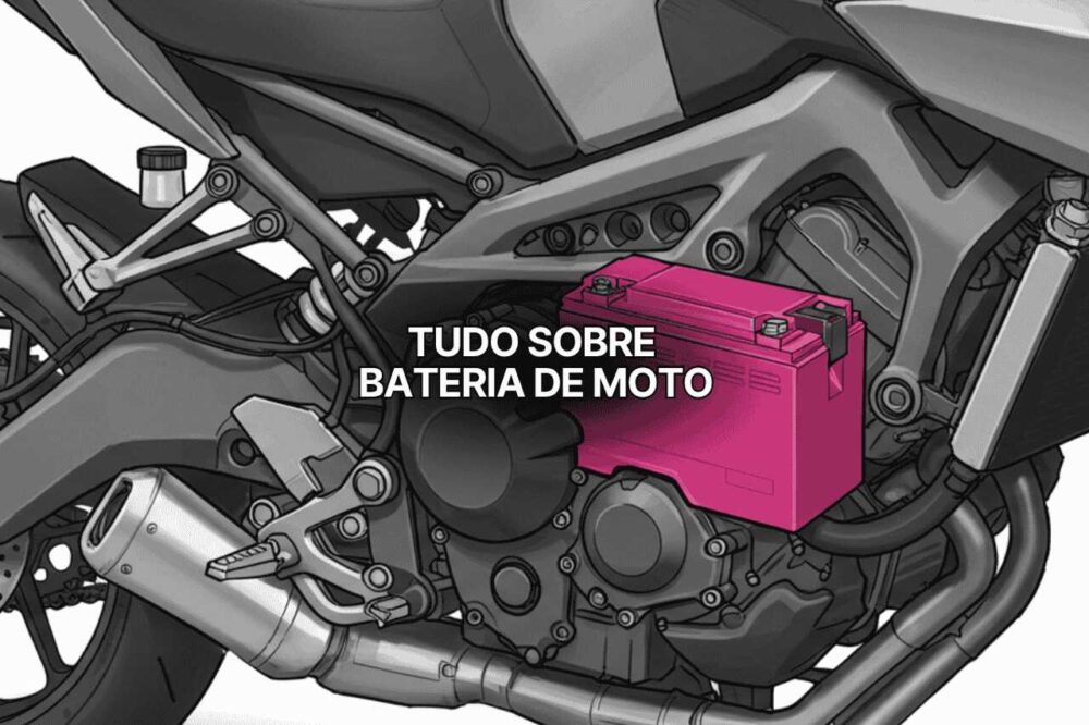 Ilustração do motor de uma motocicleta com bateria de moto em cor rosa destacada, mostrando detalhes mecânicos, escapamento cromado e parte do chassi, ideal para explicar o funcionamento da bateria de moto.