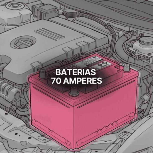 Ilustração de compartimento do motor de um carro com destaque para bateria 70 amperes em cor rosa, mostrando conexões elétricas e detalhes do motor, ideal para identificar baterias 70 amperes automotivas.