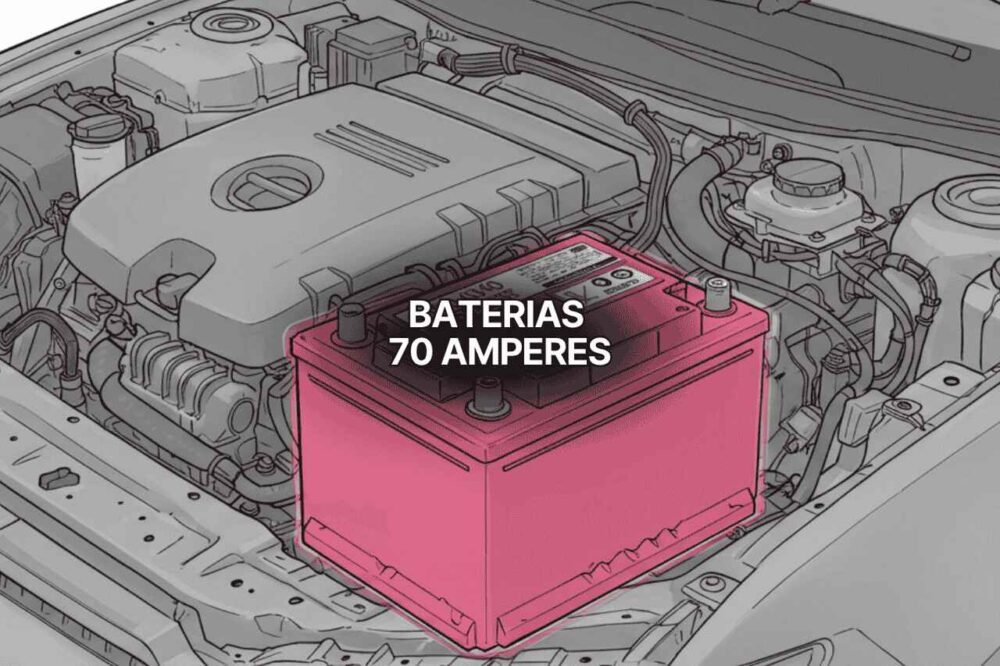 Ilustração de compartimento do motor de um carro com destaque para bateria 70 amperes em cor rosa, mostrando conexões elétricas e detalhes do motor, ideal para identificar baterias 70 amperes automotivas.