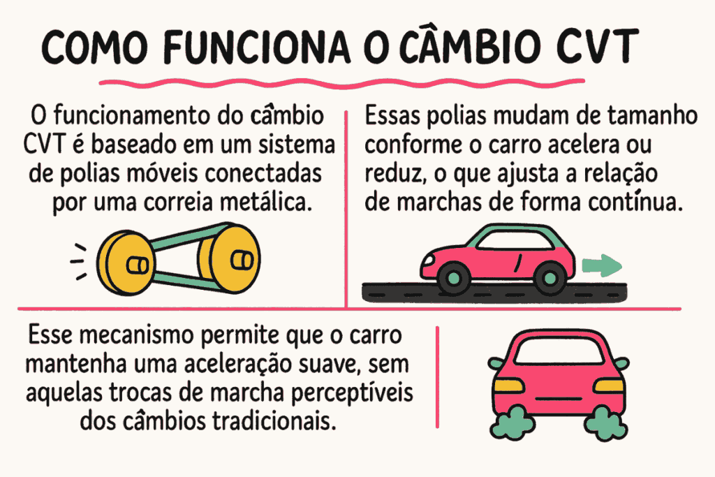 Ilustração explica de forma visual e textual como funciona o câmbio CVT, com polias móveis e correia metálica que proporcionam aceleração suave.