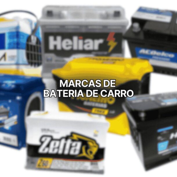 Imagem destacada do blog post sobre Marcas de bateria de carro. A Imagem contem o título do conteúdo sobreposto na imagem e como plano de fundo existem várias baterias de carro de diferentes marcas.