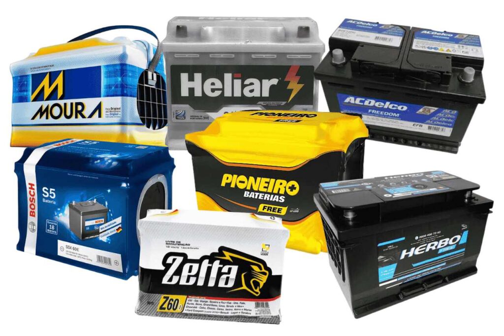 Imagem com várias marcas de bateria de carro, incluindo Moura, Heliar, Zetta, AC Delco e outras, exibidas lado a lado em fundo branco para ilustrar diferentes opções de marcas de bateria de carro.
