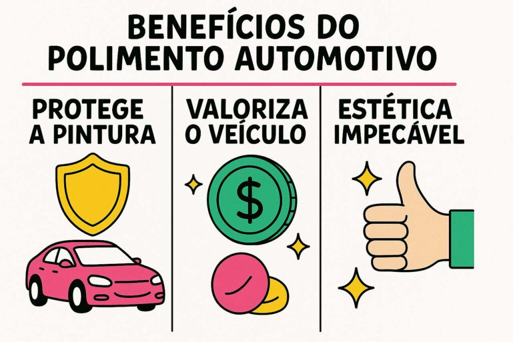 Infográfico mostra três benefícios do polimento automotivo: proteção da pintura, valorização do veículo e acabamento estético impecável com brilho.