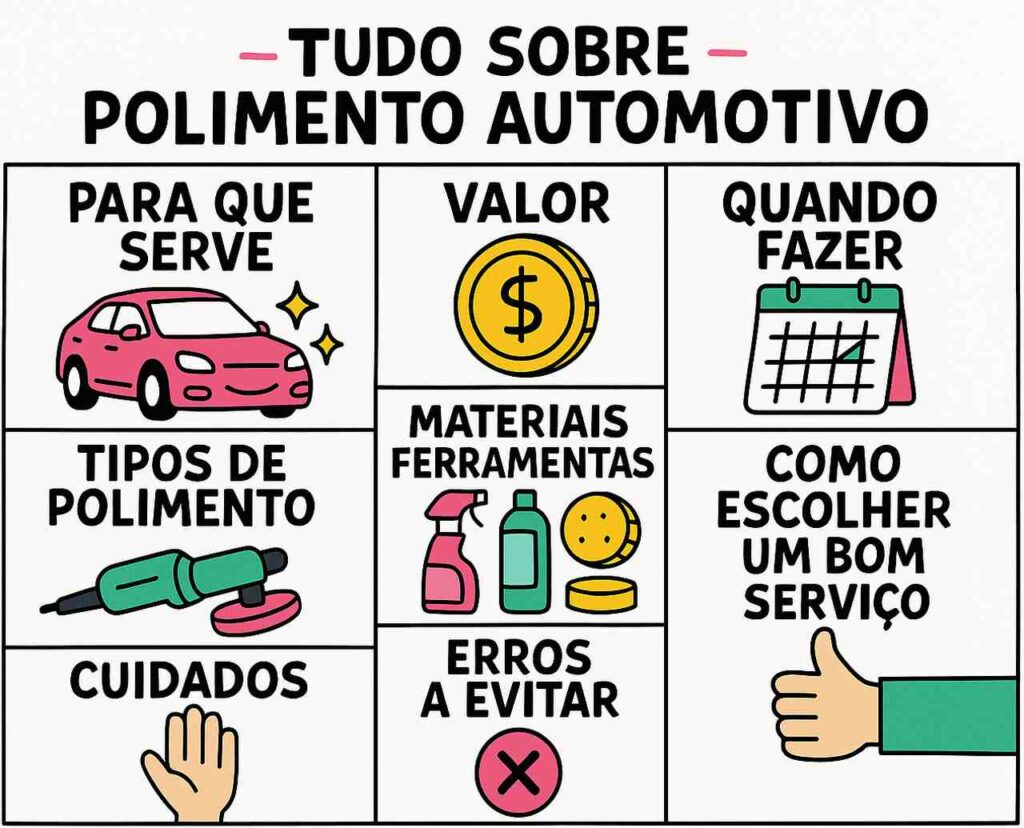 Painel visual com tópicos essenciais sobre polimento automotivo, incluindo função, valor, tipos, ferramentas, cuidados e como escolher um bom serviço.
