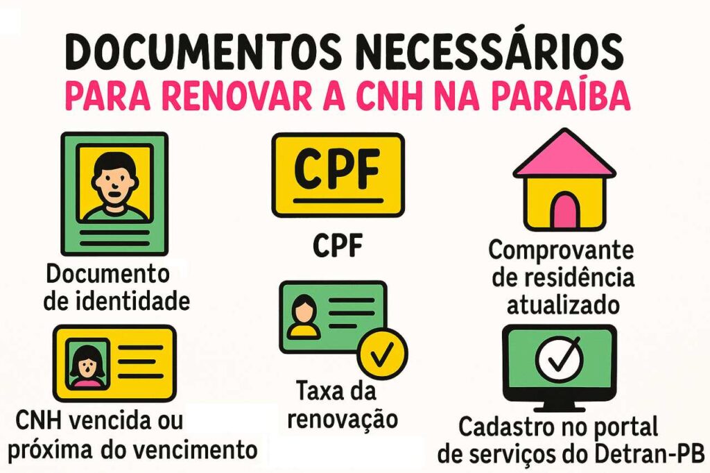 Ilustração com ícones coloridos mostrando os documentos exigidos para renovar CNH na PB: identidade, CPF, CNH vencida, taxa de renovação paga, comprovante de residência e cadastro no portal do Detran-PB.