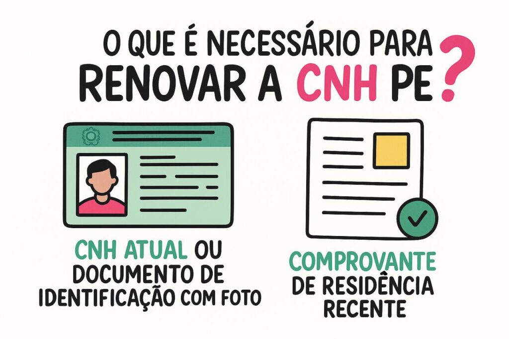 Ilustração com orientações sobre como renovar CNH em Pernambuco, destacando a necessidade da CNH atual com foto ou outro documento de identificação e um comprovante de residência recente.