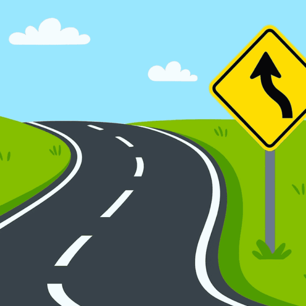Ilustração de uma estrada com placa de advertência amarela indicando curva em S à esquerda, também conhecida como Placa A-5A. Essa sinalização alerta o condutor sobre duas curvas perigosas consecutivas, exigindo atenção redobrada e redução da velocidade.