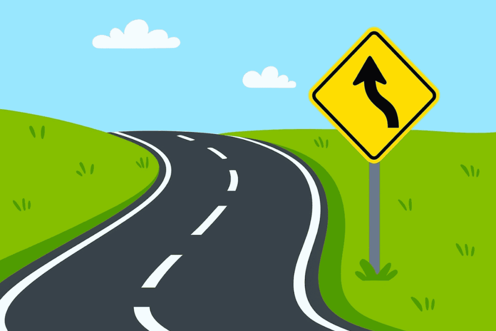 Ilustração de uma estrada com placa de advertência amarela indicando curva em S à esquerda, também conhecida como Placa A-5A. Essa sinalização alerta o condutor sobre duas curvas perigosas consecutivas, exigindo atenção redobrada e redução da velocidade.