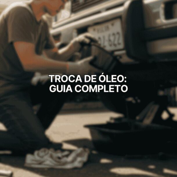 Imagem de um homem realizando a troca do óleo do carro: ele está agachado ao lado do veículo levantado, retirando o óleo velho. Sobreposto na imagem, há o texto: "Troca de óleo: guia completo".