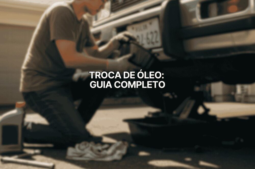 Imagem de um homem realizando a troca do óleo do carro: ele está agachado ao lado do veículo levantado, retirando o óleo velho. Sobreposto na imagem, há o texto: "Troca de óleo: guia completo".