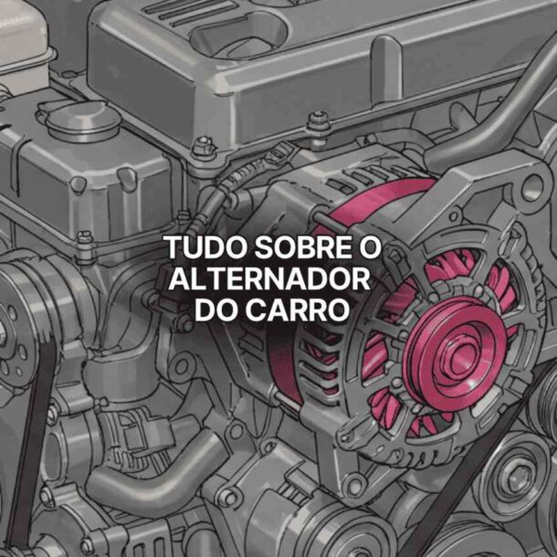 Ilustração detalhada do motor de um carro destacando o alternador do carro em cor rosa, com polias, correias e componentes mecânicos visíveis, ilustrando o funcionamento e a importância do alternador automotivo.