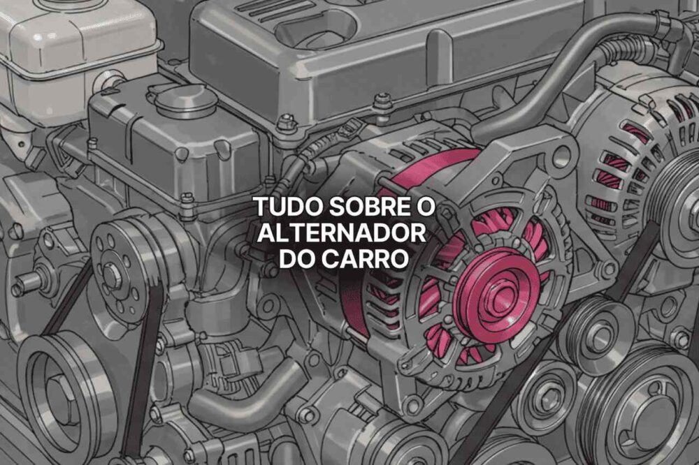 Ilustração detalhada do motor de um carro destacando o alternador do carro em cor rosa, com polias, correias e componentes mecânicos visíveis, ilustrando o funcionamento e a importância do alternador automotivo.