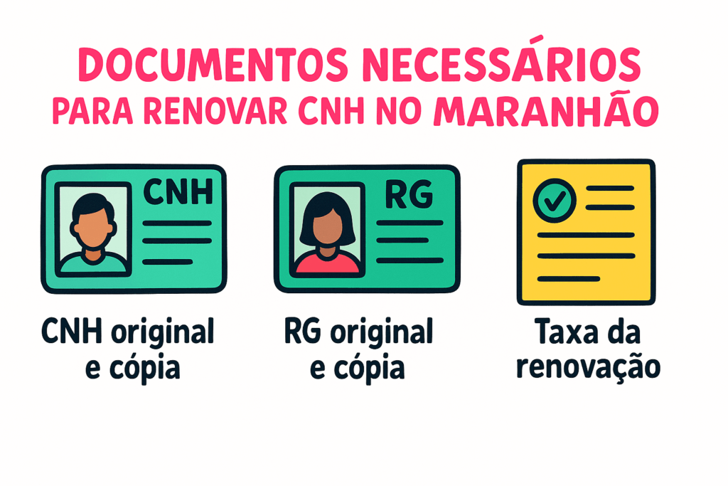 Ilustração com documentos exigidos para renovar CNH no Maranhão: ícone da CNH com foto masculina e texto “CNH original e cópia”, ícone do RG com foto feminina e texto “RG original e cópia” e um documento com check verde indicando a taxa de renovação.