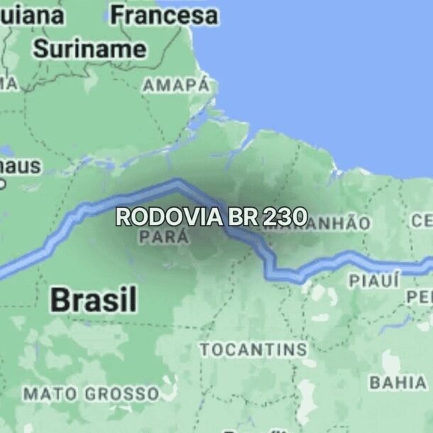 Mapa detalhado do Brasil destacando a rota da br 230, também conhecida como Transamazônica, que atravessa estados como Pará, Amazonas, Maranhão e Piauí, evidenciando seu extenso percurso na região norte do país. Perguntar ao ChatGPT