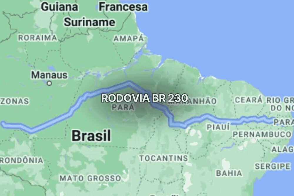 Mapa detalhado do Brasil destacando a rota da br 230, também conhecida como Transamazônica, que atravessa estados como Pará, Amazonas, Maranhão e Piauí, evidenciando seu extenso percurso na região norte do país. Perguntar ao ChatGPT