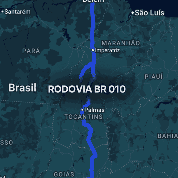 Mapa do Brasil central destacando a br 010 em azul, conectando Belém no Pará a Brasília, passando por cidades como Imperatriz e Palmas, evidenciando sua importância como rodovia Belém-Brasília no transporte nacional.