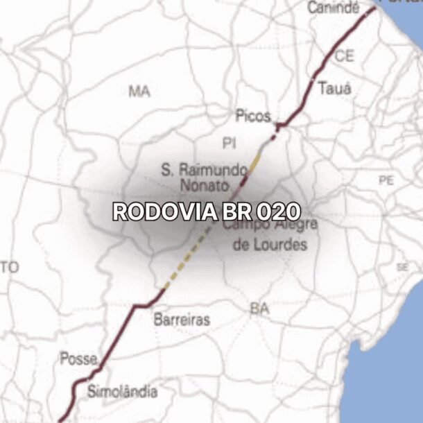 Mapa do nordeste brasileiro destacando o trajeto da br 020, que passa por estados como Bahia, Piauí e Ceará, ligando cidades como Barreiras, Simolândia e Canindé, evidenciando sua importância logística nacional.