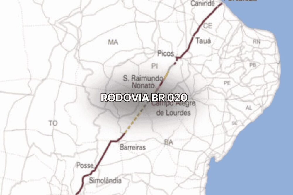 Mapa do nordeste brasileiro destacando o trajeto da br 020, que passa por estados como Bahia, Piauí e Ceará, ligando cidades como Barreiras, Simolândia e Canindé, evidenciando sua importância logística nacional.