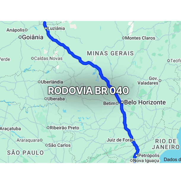 Mapa claro mostrando o trajeto da BR 040 no Brasil, com linha azul destacando a rodovia que liga Brasília ao Rio de Janeiro, passando por Belo Horizonte e diversas cidades importantes em áreas urbanas e rurais.
