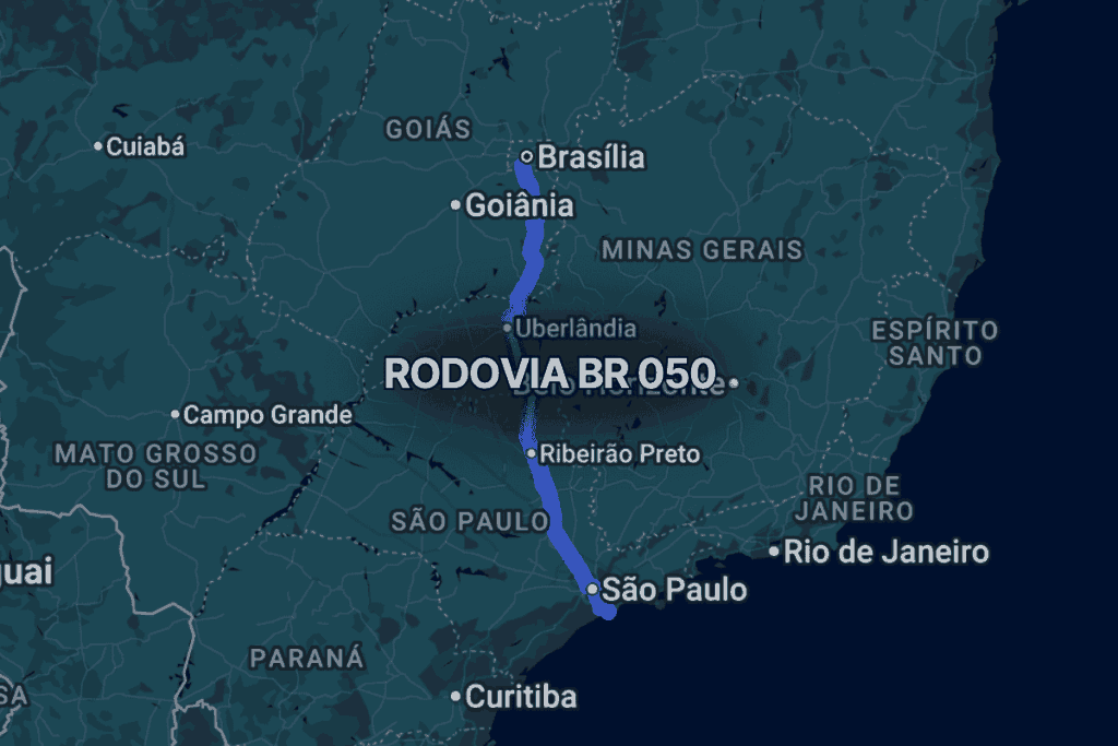 Mapa do Brasil sudeste e centro-oeste destacando a br 050 em azul, conectando São Paulo a Brasília, passando por Uberlândia, Ribeirão Preto e regiões próximas a Goiânia, importante corredor logístico interestadual brasileiro.