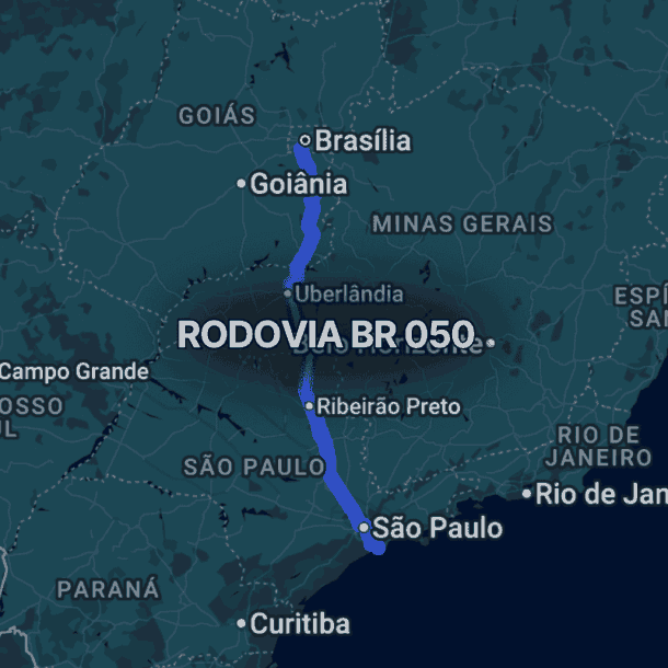 Mapa do Brasil sudeste e centro-oeste destacando a br 050 em azul, conectando São Paulo a Brasília, passando por Uberlândia, Ribeirão Preto e regiões próximas a Goiânia, importante corredor logístico interestadual brasileiro.