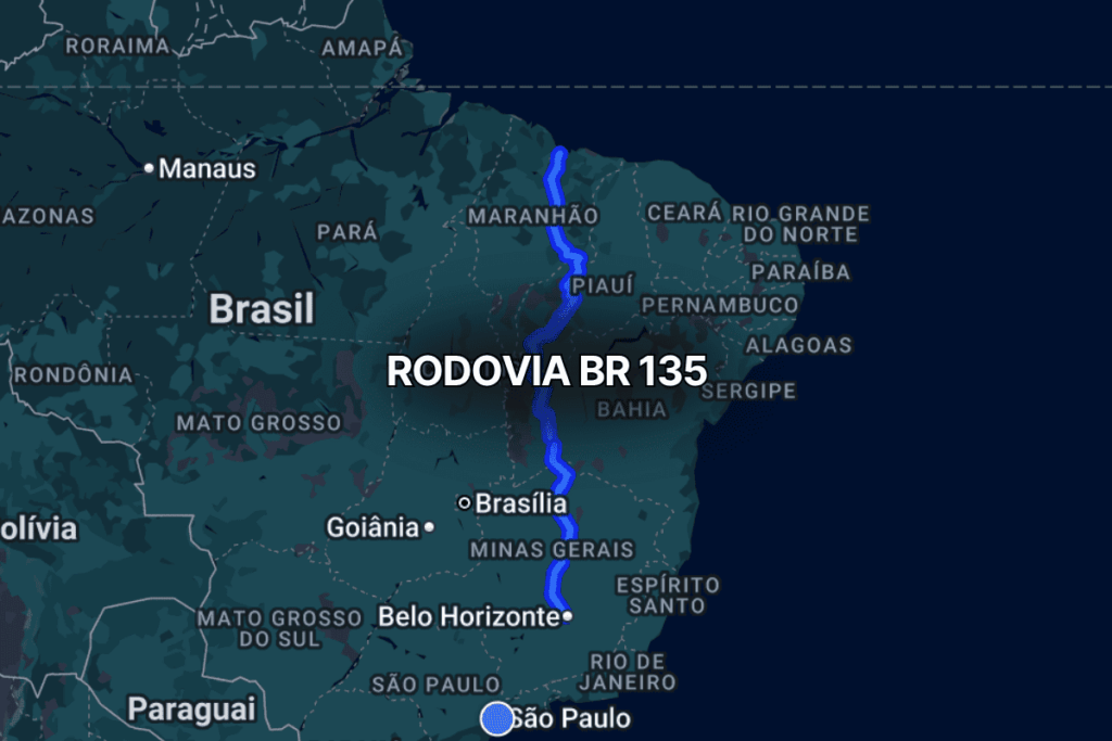 Mapa do Brasil destacando a br 135 em azul, ligando Minas Gerais ao Maranhão, passando por estados como Bahia e Piauí, evidenciando sua relevância como importante rota de integração logística nacional.