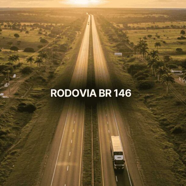 Fotografia aérea da Rodovia BR 146 ao entardecer, com caminhão branco trafegando na pista dupla, rodeada por campos verdes, palmeiras e pequenas construções rurais, destacando a paisagem ao longo da Rodovia BR 146.