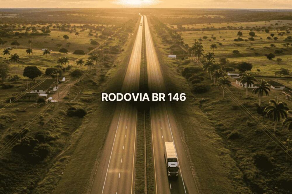 Fotografia aérea da Rodovia BR 146 ao entardecer, com caminhão branco trafegando na pista dupla, rodeada por campos verdes, palmeiras e pequenas construções rurais, destacando a paisagem ao longo da Rodovia BR 146.