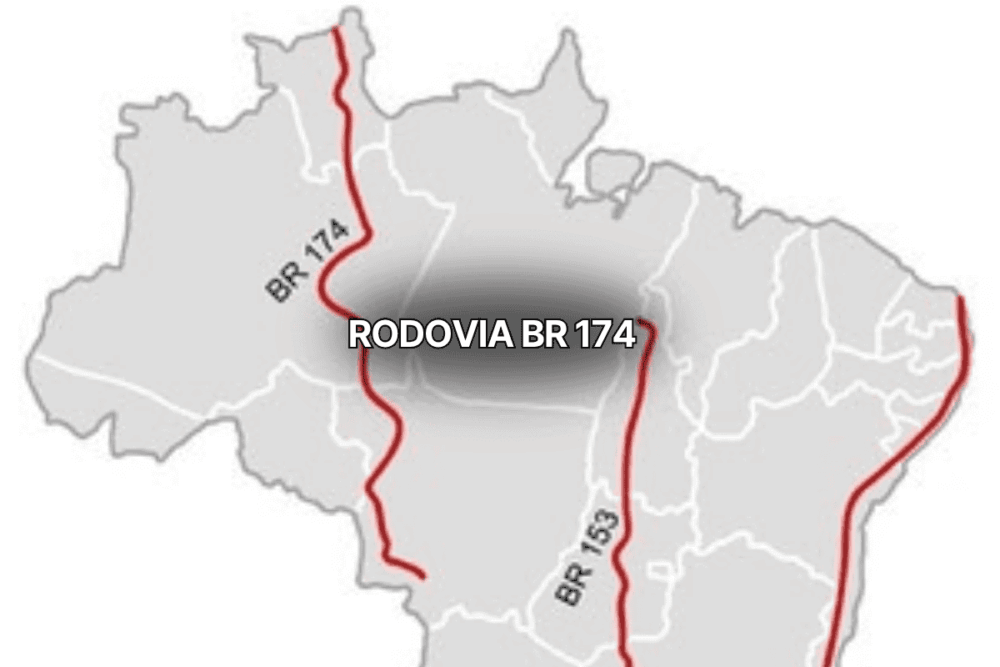 Mapa do Brasil destacando a br 174 em linha vermelha, que atravessa a região norte e conecta estados como Roraima e Amazonas, evidenciando seu papel estratégico no transporte rodoviário amazônico brasileiro.