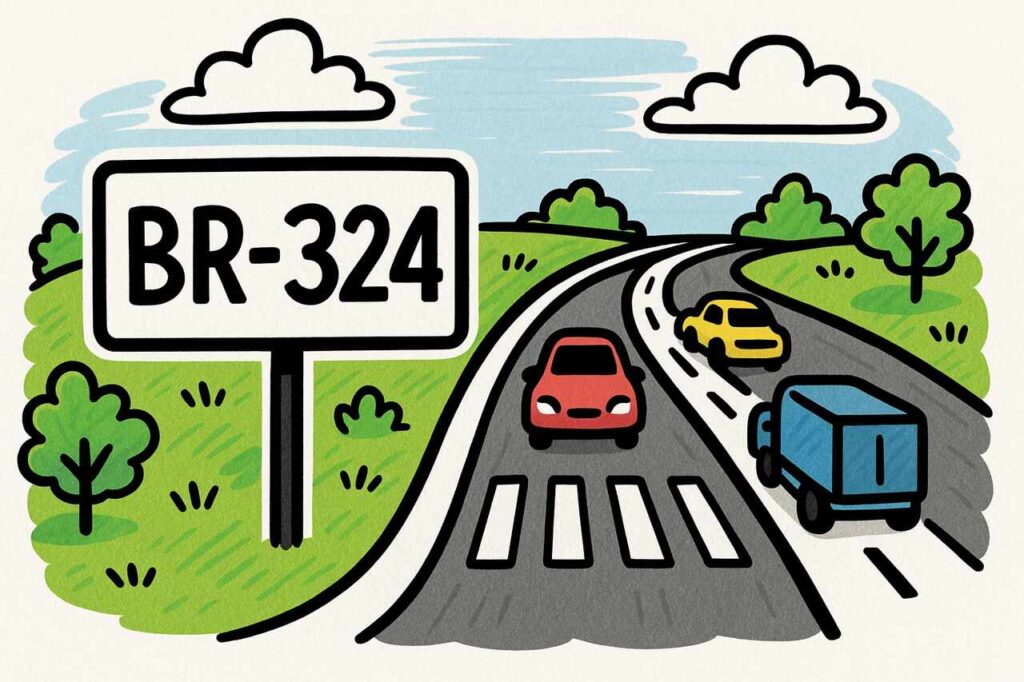 Ilustração colorida de rodovia com placa indicando BR-324, mostrando três veículos (carro vermelho, carro amarelo e caminhão azul) em movimento, sob céu azul com nuvens e cercados por paisagem verde com árvores, representando o tráfego na estrada federal BR-324.