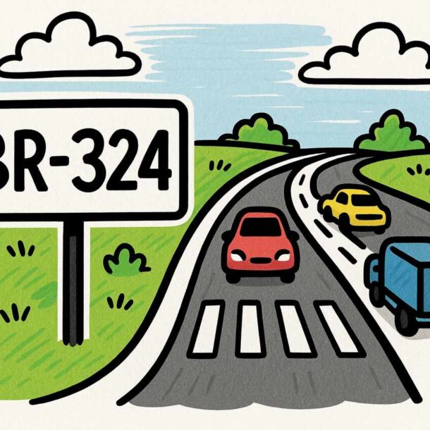 Ilustração colorida de rodovia com placa indicando BR-324, mostrando três veículos (carro vermelho, carro amarelo e caminhão azul) em movimento, sob céu azul com nuvens e cercados por paisagem verde com árvores, representando o tráfego na estrada federal BR-324.