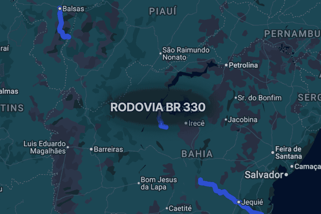 Mapa do nordeste brasileiro destacando segmentos da br 408 em azul, com trechos localizados nos estados da Bahia e do Maranhão, próximos a cidades como Balsas, Irecê e Jequié, evidenciando sua função de ligação regional.