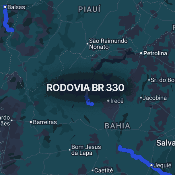 Mapa do nordeste brasileiro destacando segmentos da br 408 em azul, com trechos localizados nos estados da Bahia e do Maranhão, próximos a cidades como Balsas, Irecê e Jequié, evidenciando sua função de ligação regional.