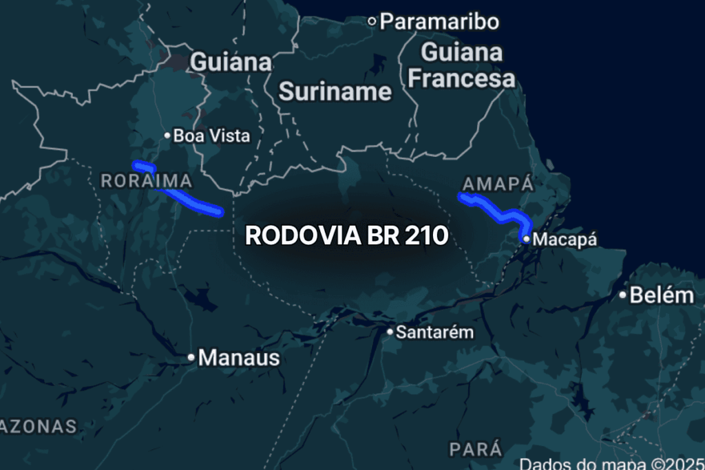 Mapa do norte do Brasil mostrando trechos da br 210 em azul, com segmentos no Amapá e em Roraima, conectando regiões próximas a Macapá e Boa Vista, evidenciando seu traçado pela Amazônia brasileira.