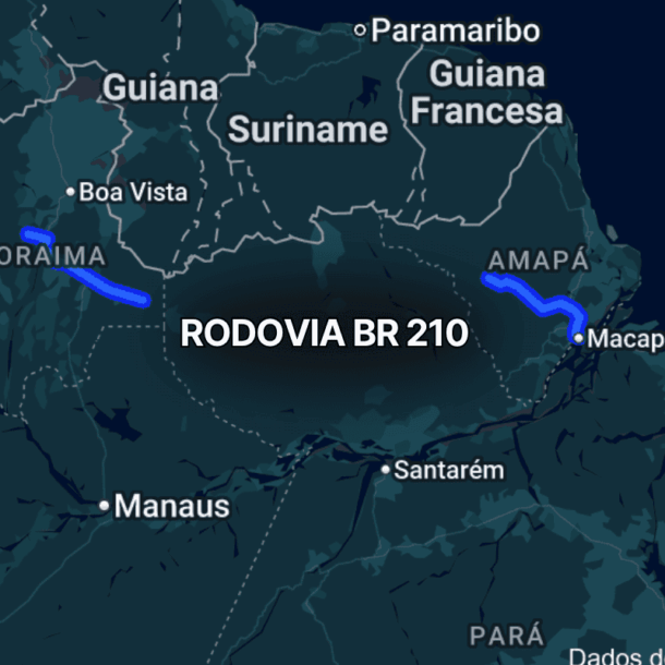 Mapa do norte do Brasil mostrando trechos da br 210 em azul, com segmentos no Amapá e em Roraima, conectando regiões próximas a Macapá e Boa Vista, evidenciando seu traçado pela Amazônia brasileira.