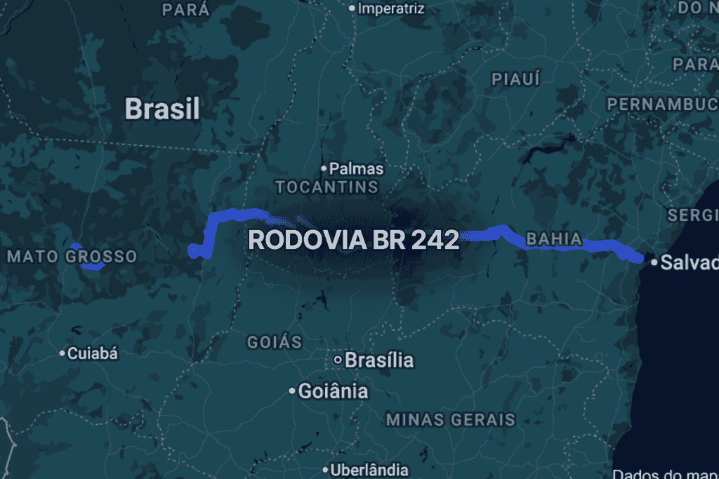 Mapa do Brasil central destacando a br 242 em azul, conectando Salvador na Bahia ao Mato Grosso, passando por Tocantins e oeste da Bahia, evidenciando seu trajeto estratégico para escoamento agrícola e transporte nacional.