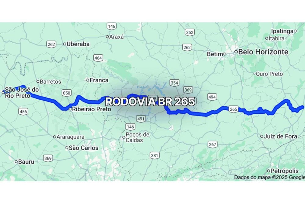Mapa claro mostrando o trajeto da BR 265 no Brasil, com linha azul destacando a rodovia que atravessa Minas Gerais e parte do estado de São Paulo, conectando cidades do interior e áreas rurais ao longo do percurso.