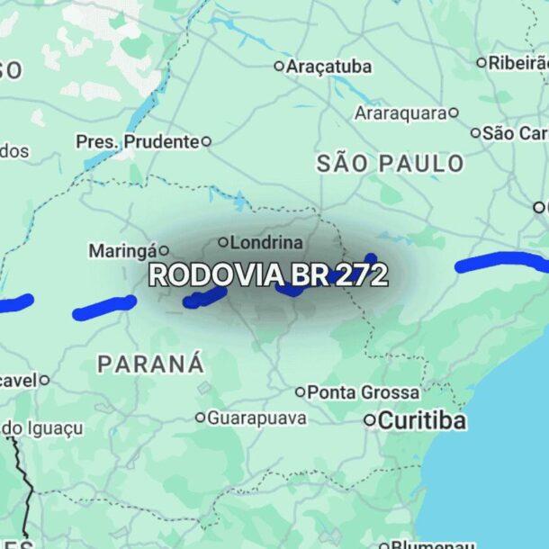 Mapa claro exibindo o trajeto da BR 272 no Paraná, Brasil, com linha azul destacando a rodovia que liga Guaíra a Campo Mourão, passando por áreas rurais e cidades do interior, com interseções com outras vias regionais.