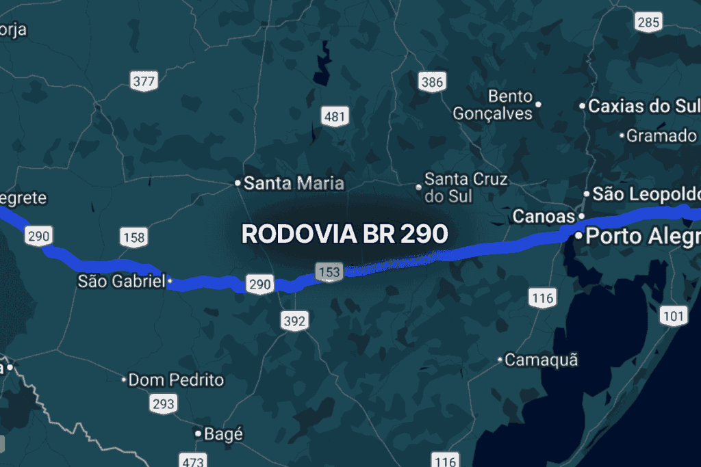 Mapa do Rio Grande do Sul destacando a br 290 em azul, conectando Porto Alegre a cidades do interior como São Gabriel, Santa Maria e Uruguaiana, evidenciando seu papel fundamental no transporte rodoviário estadual e internacional.