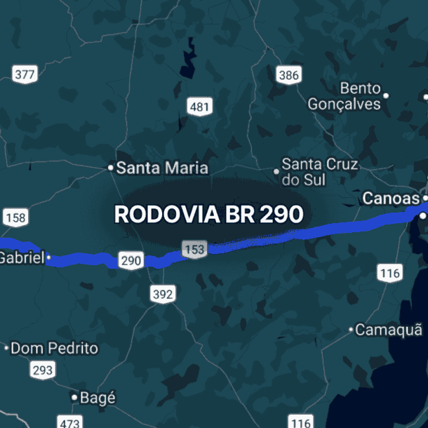 Mapa do Rio Grande do Sul destacando a br 290 em azul, conectando Porto Alegre a cidades do interior como São Gabriel, Santa Maria e Uruguaiana, evidenciando seu papel fundamental no transporte rodoviário estadual e internacional.