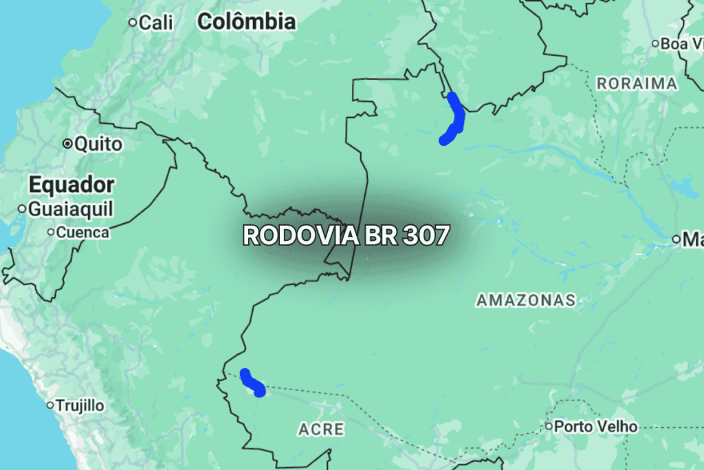 Mapa claro exibindo o trajeto da BR 307 no Amazonas, Brasil, com linha azul destacando a rodovia que conecta São Gabriel da Cachoeira a comunidades próximas, passando por áreas de floresta densa e trechos não pavimentados.